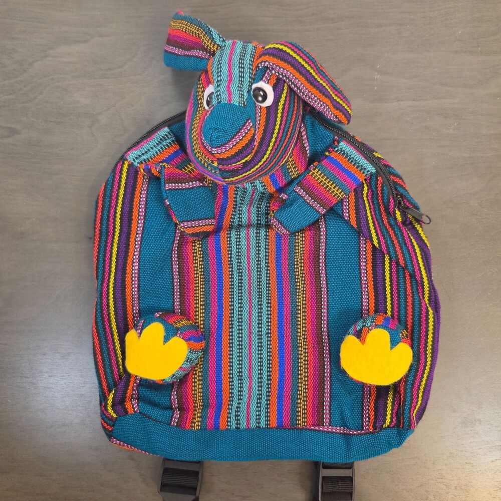 Vintage Guatemalan Woven Textile Striped Fabric Dog Boho Hippie Backpack